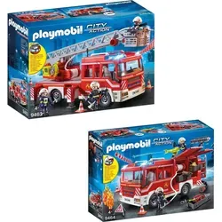 PLAYMOBIL 9463 9464 City Action 2er Set Leiterfahrzeug - Playmobil Feuerwehr-Set mit RC-fähigem Leiterfahrzeug und Rüstfahrzeug, beide mit Licht, Sound und Platz für bis zu vier Figuren – ideal für spannende Rettungseinsätze!