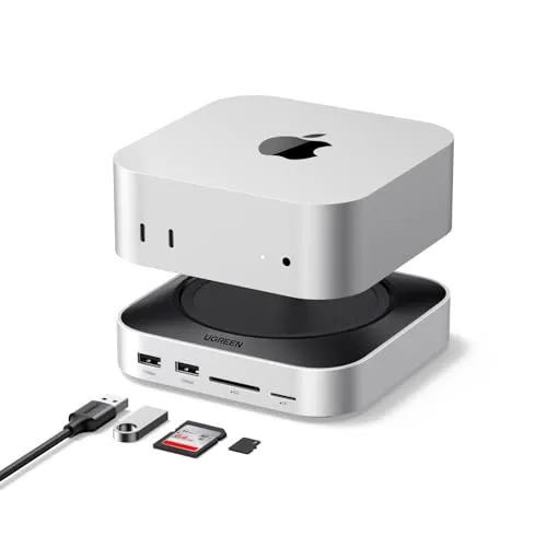 UGREEN Mac mini M4 Dock USB C Hub - USB-Hub für Mac Mini M4/M4 Pro mit 7 Anschlüssen und 10Gbps Übertragungsgeschwindigkeit. Erweiterbarer Speicher mit M.2 NVMe SSD-Slot für kreative Profis.