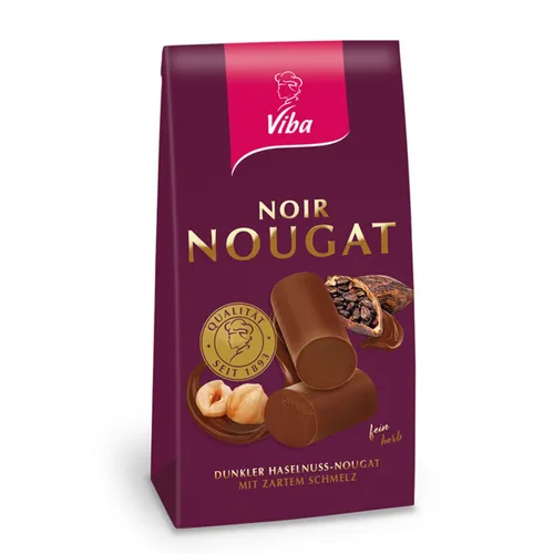 Viba Noir Nougat Beutel, 100 g - Genießen Sie 10 zart schmelzende Minis à 10 g des fein-herben Viba Nougat mit intensivem Kakaoanteil. Perfekt für besondere Genussmomente – ideal für Naschkatzen! Die ideale Wahl in der Kategorie Süßigkeiten.