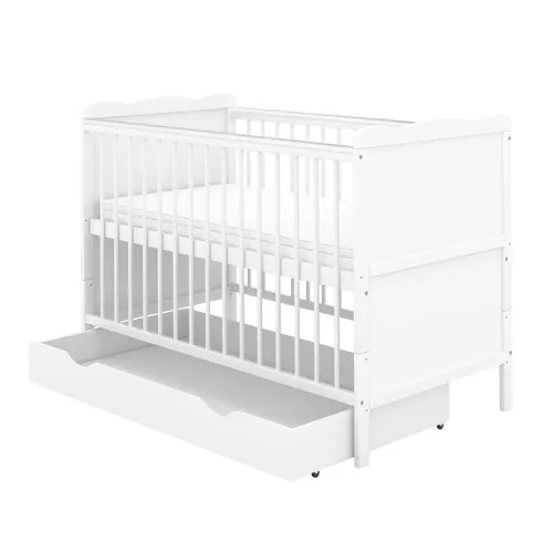 Baby-Delux Babybett Gitterbett Kinderbett Jack 2in1 140x70 Weiß Beißschienen mit Schublade, Kokos-Buchweizen Matratze höhenverstellbar