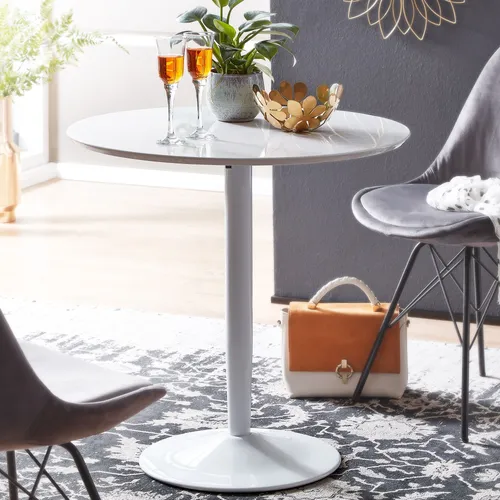 Wohnling Bistrotisch WL6.504, rund in Weiß Hochglanz - Esstisch für den Innenbereich, stabiler Metallrahmen mit Fußbodenschutz und eleganter Hochglanz-Oberfläche, ideal für kleine Räume.