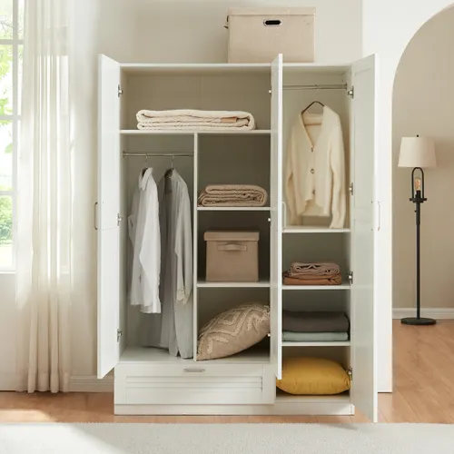 [en.casa] Kleiderschrank Finning 3-türig – Elegant und Platzsparend - Kleiderschrank mit 2 Kleiderstangen, 7 Fächern und 1 Schublade. Bietet viel Stauraum und fügt sich harmonisch in jeden Einrichtungsstil ein.
