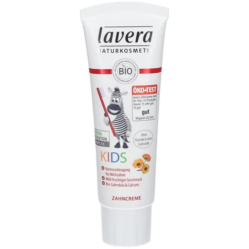 Lavera Kids Kinder Calendula Zahncreme ohne Fluorid - Zahnpasta für Kinder, fluoridfrei und ohne Mikroplastik, sorgt für sanften Zahnfleischschutz mit mild-fruchtigem Geschmack in praktischer 75 ml Tube.
