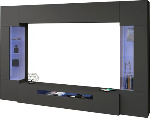 Wohnwand INOSIGN "New Egypt" - Modernes Kastenmöbel-Set in Anthrazit - Wohnzimmerschrank-Set mit 2 Stauraumvitrinen, 1 Lowboard und 1 Hängeschrank. Hergestellt aus FSC-zertifiziertem Holzwerkstoff, pflegeleicht und in modernem Design.