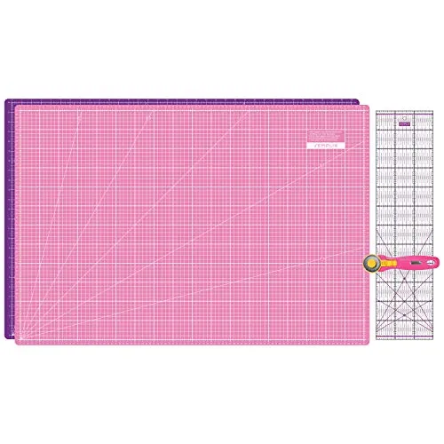 SEMPLIX Schneidematten Set - Schneideunterlage 90 x 60 cm (A1), Rollschneider Maxi 45 mm, Patchwork Lineal 60x15 cm (pink/lila)