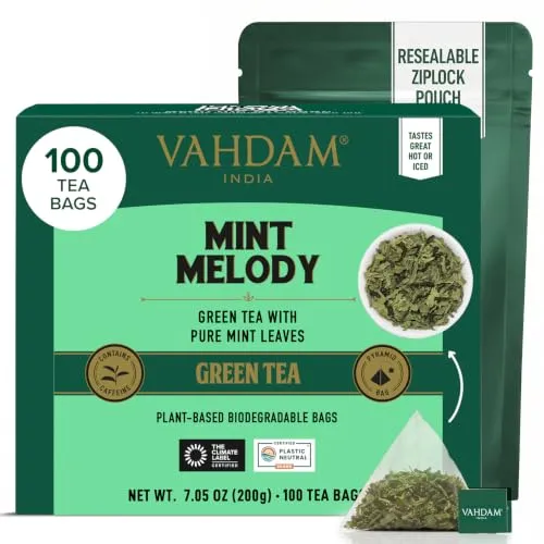 VAHDAM, Grüner Minze Tee (100 Pyramiden Teebeutel) Long Leaf Grüne Teeblätter Aus Dem Himalaya Gemischt Mit 100% Natürlicher Pfefferminztee | Gartenfrischer Minztee