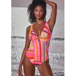 Badeanzug BRUNO BANANI für Damen, Gr. 36, Cup A/B, orange bedruckt - Bademode aus Recycling-Polyester mit edlem Zierring und herausnehmbaren Softcups für optimalen Komfort und Stil.