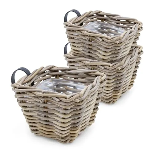 Rattan Balkonkasten 3er Set - 15 x 15 cm - Garten-Zubehör: 3 Blumenkörbe aus natürlicher Weide, ideal zum Einhängen an Geländer bis 5,5 cm Breite, direkt bepflanzbar dank integrierter Folie.