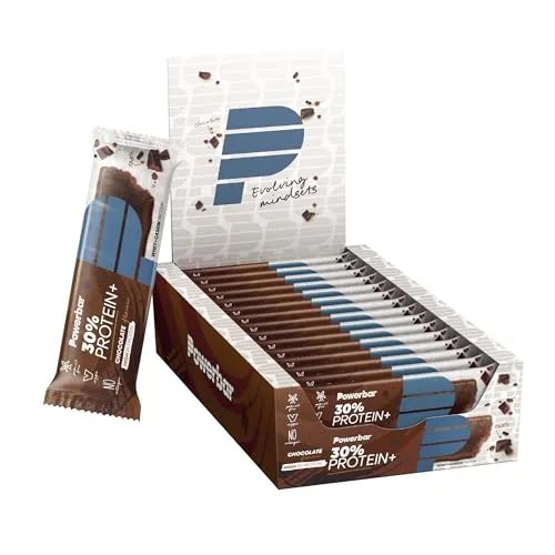 Powerbar 30% Protein Plus Riegel - Chocolate - 15x55g - Proteinriegel mit 30% Whey & Casein, ideal zur Muskelunterstützung nach dem Workout. Schokoladiger Genuss ohne Verzicht – vegetarisch, collagenfrei und aspartamfrei!