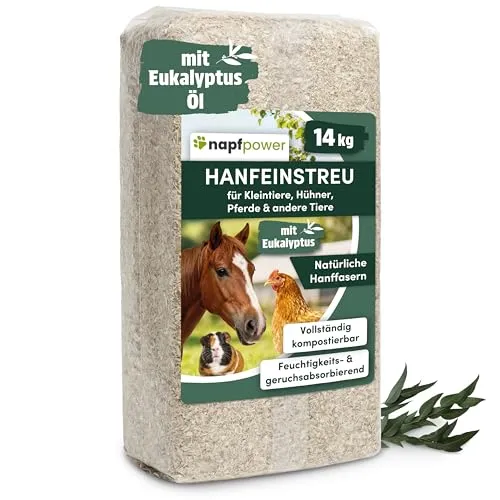napfpower Hanfeinstreu mit Eukalyptus (14 kg) – staubarm und extrem saugfähig - 100 % natürliche Hanffasern für ein angenehmes Stallklima. Die spezielle Eukalyptus-Variante neutralisiert Gerüche und sorgt für ein sauberes, trockenes Zuhause für Hühner, Pferde und Kleintiere.
