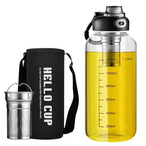 LEKEFETO Trinkflasche Glas 1.5L mit Teesieb – Auslaufsichere Glas Wasserflasche, Wasserflasche Trinkflasche 1500ml – Borosilikatflasche für Tee, Büro, Schule, Sport