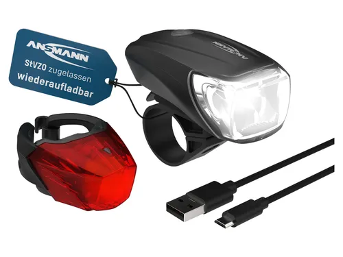 Ansmann Fahrradlicht CREE LED Set - 35 Lux, USB aufladbar - Fahrradbeleuchtung mit 90m Reichweite für sicheres Fahren, StVZO zugelassen und spritzwassergeschützt. Inklusive USB-Ladekabel für flexible Nutzung.