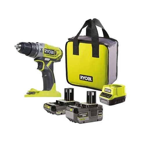 RYOBI 18 V ONE+ Akku-Schlagbohrschrauber R18PD2-242S - Akkuschrauber mit 2-Gang-Getriebe und max. Drehmoment von 40 Nm, ideal für vielseitige Anwendungen in Holz, Metall und Mauerwerk. Inkl. 4,0Ah & 2,0Ah Batterien sowie Ladegerät in praktischer Werkzeugtasche.