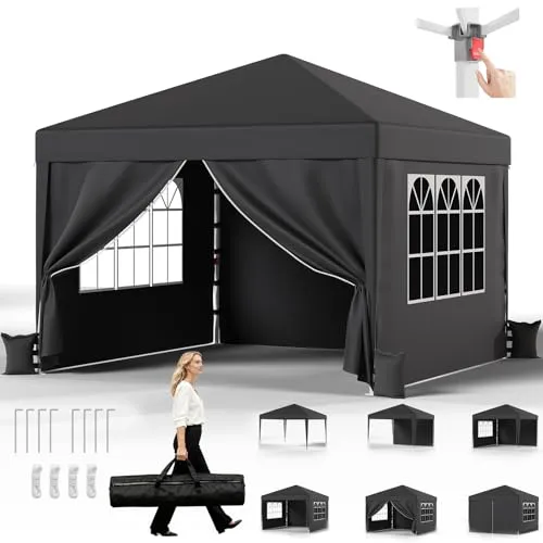 JUMMICO Pavillon 3x3 Wasserdicht Stabil Winterfest Höhe Verstellbar,Faltpavillon mit 4 Seitenwänden,Pavillion UV Schutz 50+,Gartenpavillon Faltzelt für Garten, Innenhof, Camping,Gazebo Grau