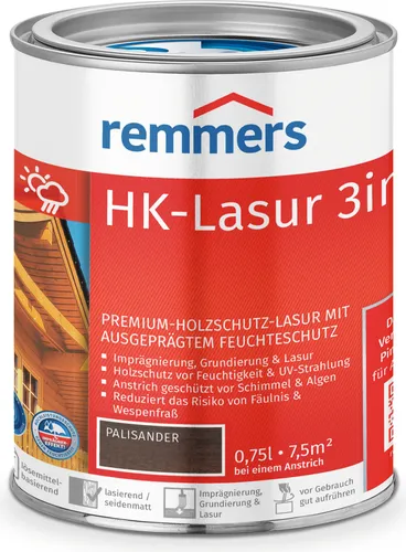 Remmers Holzschutzlasur HK-Lasur 3in1 - Ebenholz 0,75 Liter - Holzlasuren für optimalen Schutz und ansprechende Optik, 3in1-Formel für Grundierung, Schutz und Farbe in einem. Ideal für Innen- und Außenanwendungen.