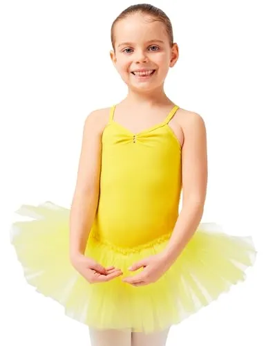 tanzmuster Ballettkleid Mädchen Tutu - Kim - Gelbes Ballett Trikot mit Tüllrock - Elegantes Ballettkleid aus weichem Baumwollstoff mit Glitzersteinen. Der Tüllrock in 3 Lagen sorgt für einen beeindruckenden Auftritt. Ideal für den Tanzunterricht und besondere Anlässe.