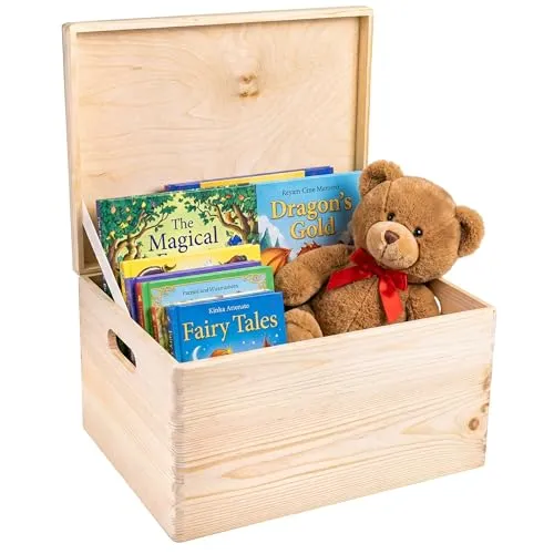 Creative Deco Holzkiste XXL mit Deckel - Erinnerungsbox aus hochwertigem Holz, ideal zur Aufbewahrung von Babyerinnerungen, mit praktischen Griffen und Scharnieren für einfachen Zugang.