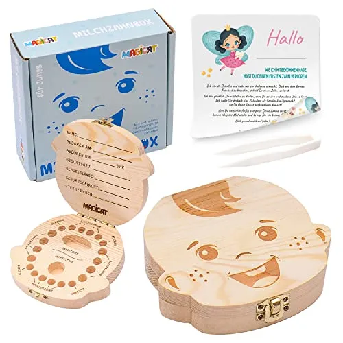 Magicat Premium Milchzahndose Jungen – Zahndose aus Holz zur Aufbewahrung von Milchzähnen - Praktische Zahndose für Jungen: Hochwertige Holzbox zur sicheren Aufbewahrung von Milchzähnen. Inklusive Pinzette und Zahnfee-Geschichte – ein ideales Geschenk zur Taufe oder Babyparty.