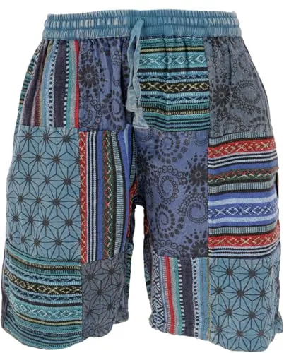 GURU SHOP Ethno Yogashorts - Patchwork Shorts in Blau für Herren - Luftige Baumwoll-Shorts mit elastischem Bund und Kordelzug. Ideal für Partys und Freizeit, mit praktischen Taschen für genügend Stauraum.