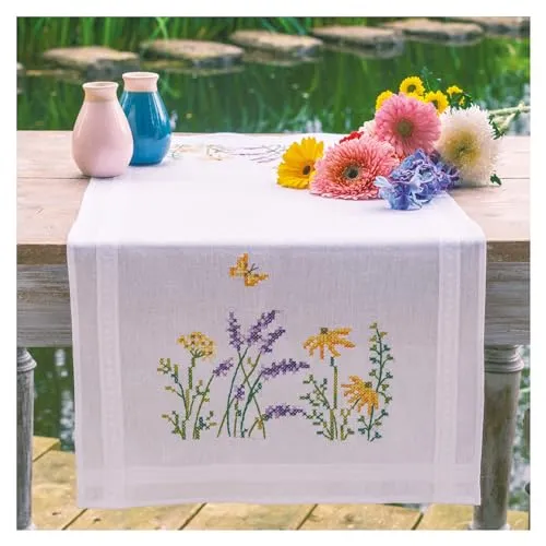 VERVACO Stickpackung Kreuzstich Set Vorgedruckt Tischläufer Lavendel Stickdecken Vorgezeichnet DIY Basteln Erwachsene Kreativ Set Stickläufer zum Selbersticken ca. 40 x 100 cm Handarbeit Zubehör