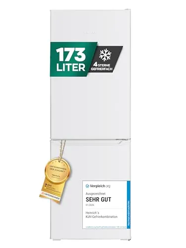 Heinrich´s Kühlgefrierkombination 173L - Platzsparend und leise - Kühlschrank & Gefrierschrank in einem! Mit 173L Gesamtvolumen, 40dB Geräuschpegel und energieeffizienter LED-Beleuchtung bietet die Heinrichs Kühlgefrierkombination optimalen Stauraum für Ihre Lebensmittel.