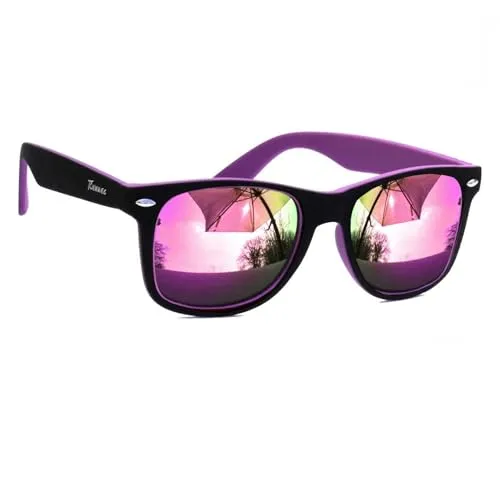 Rennec Damen Sonnenbrille Retro Lila Verspiegelt - Sonnenbrille für Damen im Vintage Design mit 100% UV400 Schutz, ideal für Festivals. Leicht, stabil und mit Edelstahl Gelenken für besten Tragekomfort.