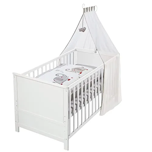 roba Babybett Set Jumbotwins - 70 x 140 cm - Mitwachsendes Kombi-Kinderbett inkl. Bettwäsche, Himmel & Matratze, 3-fach höhenverstellbar und umbaubar zum Juniorbett - ideal für eine lange Nutzung!
