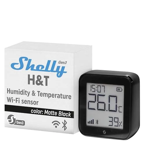 Shelly H T Gen3 Schwarz - Intelligenter WLAN & Bluetooth Thermometer Hygrometer, für optimale Temperatur- und Luftfeuchtigkeitskontrolle mit APP-Steuerung und langer Batterielebensdauer