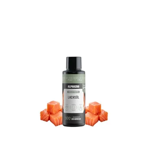 alphazoo Premium Lachsöl Hunde 100ml, Omega 3 & 6 Fischöl für Hunde - abgefüllt in Deutschland, Barf Öl, Fellpflege Hund