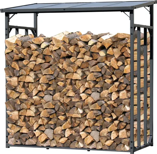 QUICK STAR Metall Kaminholzregal Anthrazit XXL - Aschesauger: Hochwertiges Kaminholzregal mit 2,3 m³ Kapazität, stabiler Stahl-Alu-Konstruktion und wetterfestem Dach für optimalen Holzschutz.