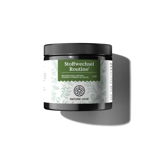 NATURE LOVE® Stoffwechsel Routine 150g – Veganer Stoffwechseldrink mit Apfelessig, Ingwer & Zitrone - Starte frisch in den Tag mit unserer Stoffwechsel Routine! Einfach in Wasser einrühren und genießen. Schmeckt fruchtig und erfrischend – ideal für deinen Morgenkick! Reicht für 30 Portionen.
