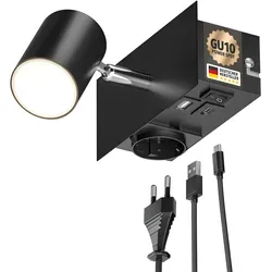 ledscom.de Wandspot WAIKA mit USB-C & USB-A, dimmbar, schwarz - Moderne Wandleuchte mit 230V-Steckdose und USB-Anschlüssen für gleichzeitiges Laden. Inkl. dimmbarer LED GU10 Lampe, ideal für stilvolle und praktische Beleuchtungslösungen.