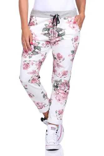 Mississhop 287 Damen Cargohose Blumen Sweatpants - Damen-Hosen in Einheitsgröße (36-42) mit elastischem Gummibund und Tunnelzug für optimalen Komfort. Der trendige Blumen-Print macht sie vielseitig für Freizeit, Sport oder elegante Anlässe.