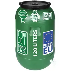Weithalsfass Futtertonne 120 Liter mit Wasserhahn - Regentonne aus langlebigem HDPE-Kunststoff, ideal zur Aufbewahrung und Organisation. Mit praktischem Wasserhahn für einfachen Zugang zu Inhalten, perfekt für Camping und Zuhause.