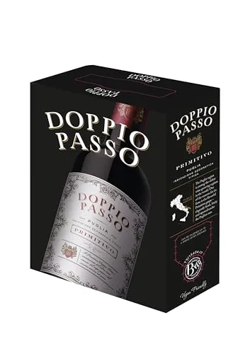Doppio Passo Primitivo Puglia - Hochwertiger Rotwein - Rotwein aus Italien mit 13% Vol. Alkohol, tiefroter Farbe und langanhaltendem Geschmack. Die praktische Bag-in-Box-Verpackung ist ideal für Partys und hält den Wein länger frisch.