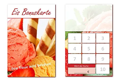 Stück Eis Bonuskarten (BOK-411) mit 10 Stempelfeldern. Treuekarten passend für Bereiche wie Eisdiele, Eiscafe, Eisverkauf 100