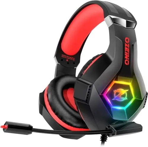 Ozeino Wired Gaming Headset mit RGB Licht - Gaming-Headset für PS4, PS5, PC und Xbox, bietet immersiven Surround-Sound und hohen Tragekomfort mit weichen Memory-Schaum-Ohrpolstern für stundenlangen Spielspaß.
