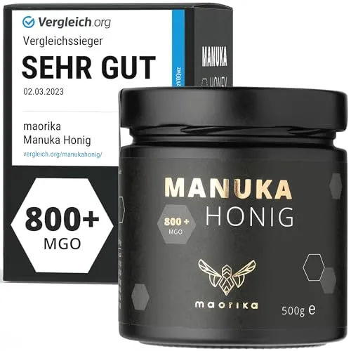 maorika - Manuka Honig 800 MGO + 500g im Glas (lichtundurchlässig, kein Plastik) - laborgeprüft, zertifiziert aus Neuseeland