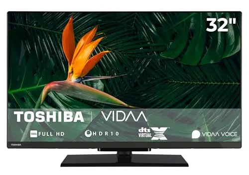 Toshiba 32 Zoll Smart TV VIDAA Full HD mit HDR - 32 Zoll Fernseher mit Full HD Auflösung und HDR für brillante Farben. Integrierter Triple Tuner für Antenne, Kabel oder Satellit und VIDAA Smart Portal für schnellen Zugriff auf Apps.
