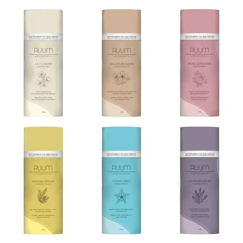 RUUM Wäscheparfüm Duftperlen 6er Mix, 200g pro Sorte - Erleben Sie 6 exquisite Duftvarianten für Ihre Wäsche: Golden Blossom, Lavender Bliss und mehr. Langanhaltender Duft bis zu 12 Wochen, einfache Anwendung ohne Weichspüler. Perfekt für frische, duftende Textilien!
