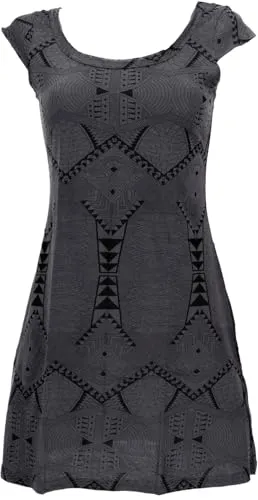 GURU SHOP Ethno Minikleid, Goakleid mit Ärmelchen - Grau, Damen, Size:S - Stylisches Ethno Minikleid mit kleinen Ärmelchen und weitem Rundhals-Ausschnitt. Das elastische Material sorgt für eine bequeme Passform und ist ideal für entspannte Tage.