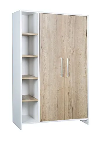 Schardt Eco Plus Schrank mit 2 Türen und Seitenregal - Schrank für Baby- & Kleinkinderzimmer mit Soft-Close-System, 2 Böden und Kleiderstange, bietet viel Stauraum und stilvolles Design in weiß und Halifax Eiche.