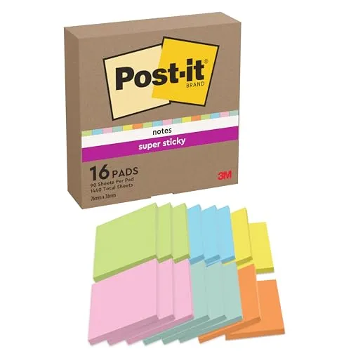 Post-it Super Sticky Notes, Packung mit 16 Blöcken, 90 Blatt pro Block, 76 x 76 mm, Farben: Pink, Orange, Blau, Grün, Gelb - Extra-stark klebende Notizzettel für To-Do-Listen und Erinnerungen