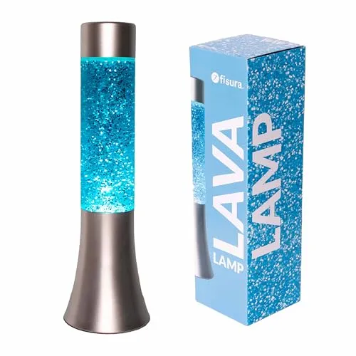 FISURA - Blaue glitzer Lavalampe. 30 cm große Lavalampe mit silbernem Sockel, blauer Flüssigkeit und Glitter. Lampe mit Entspannungseffekt. 9x9x30 cm