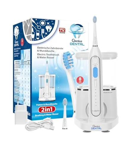 Genius Dental Hydro Fusion 2 in 1 - Elektrische Zahnbürste mit Mundspülung, 15000 Bewegungen/Minute, 3 Modi und 5 Wasserdruck-Einstellungen für maximale Mundhygiene