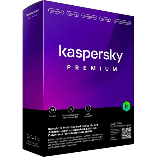 Kaspersky Antivirensoftware Premium 2024 - 10 Geräte, Jahreslizenz - Umfassender Schutz für bis zu 10 Geräte mit Echtzeit-Virenschutz, VPN und Kindersicherung. Ideal für sicheres Surfen und Schutz Ihrer digitalen Identität.