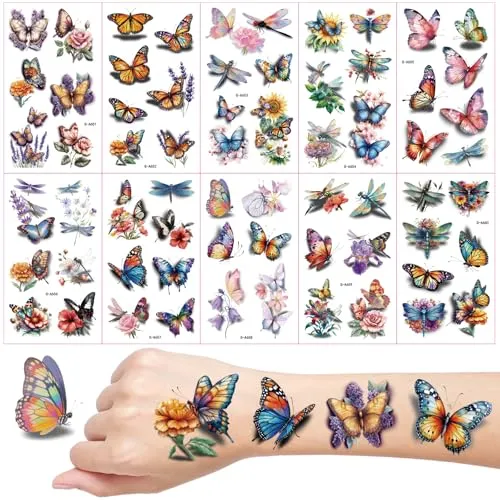Schmetterling Tattoos für Kinder, 10 Blätter Wasserfarben 3D Blumen Schmetterlings Libellen Temporäre Tattoos, Fake Tattoo, Tattoo Erwachsene Frauen Mädchen Deko