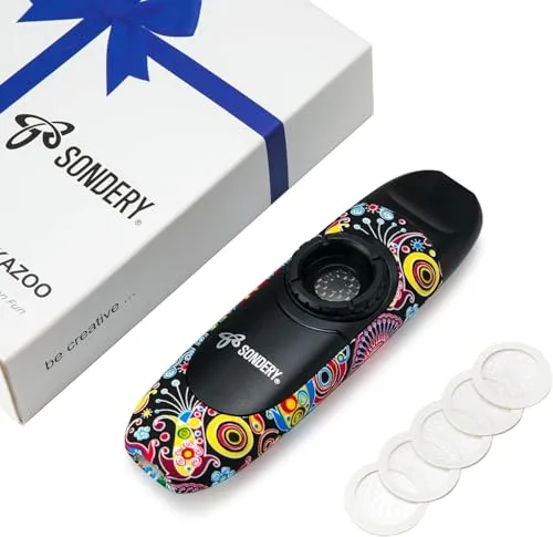 Sondery Kazoo für Kinder und Erwachsene mit 5 Membranen - Einfaches Musikinstrument für alle Altersgruppen. Spaß beim Spielen und perfekte Geschenke für jeden Anlass. Inkl. Tragetasche, Aufhängespitze und 5 Membranen.
