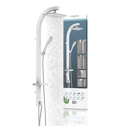 SCHÜTTE MADAGASKAR Regendusche - Duschsystem in Weiß mit Handbrause, praktische Ablage und wandmontierbar, einfache Reinigung und Wassersparfunktion