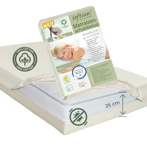 Softsan Encasing für Matratzen aus Bio Baumwolle – Anti-Milben Schutzbezug für Allergiker - Hochwertiger Matratzenbezug aus Bio Baumwolle, bis 25 cm Höhe, mit effektiven Milbenschutz. Einfach zu reinigen und sorgt für einen erholsamen Schlaf – ideal für Allergiker.